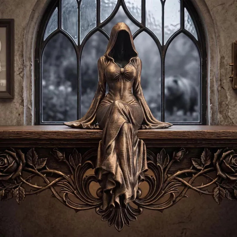 Gothic Hooded Maiden Sculpture – Dark Academia Fantasy Shelf Decor