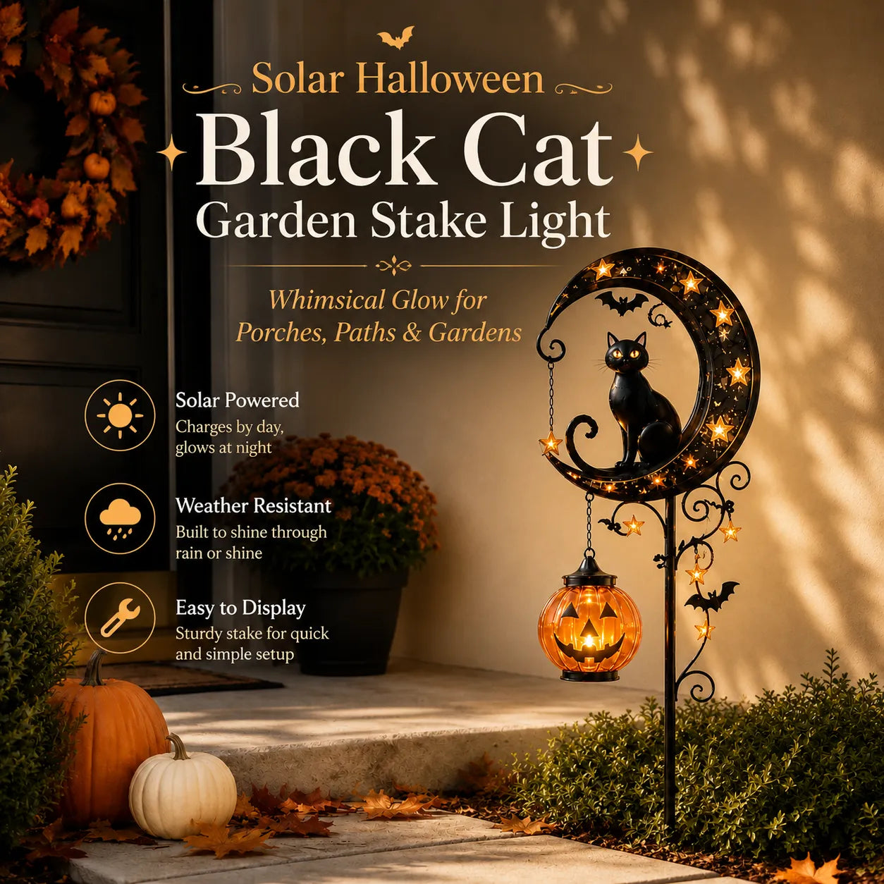 🎃Solar Halloween Black Cat Garden Stake Light – Crescent Moon & Pumpkin Outdoor Yard Decor