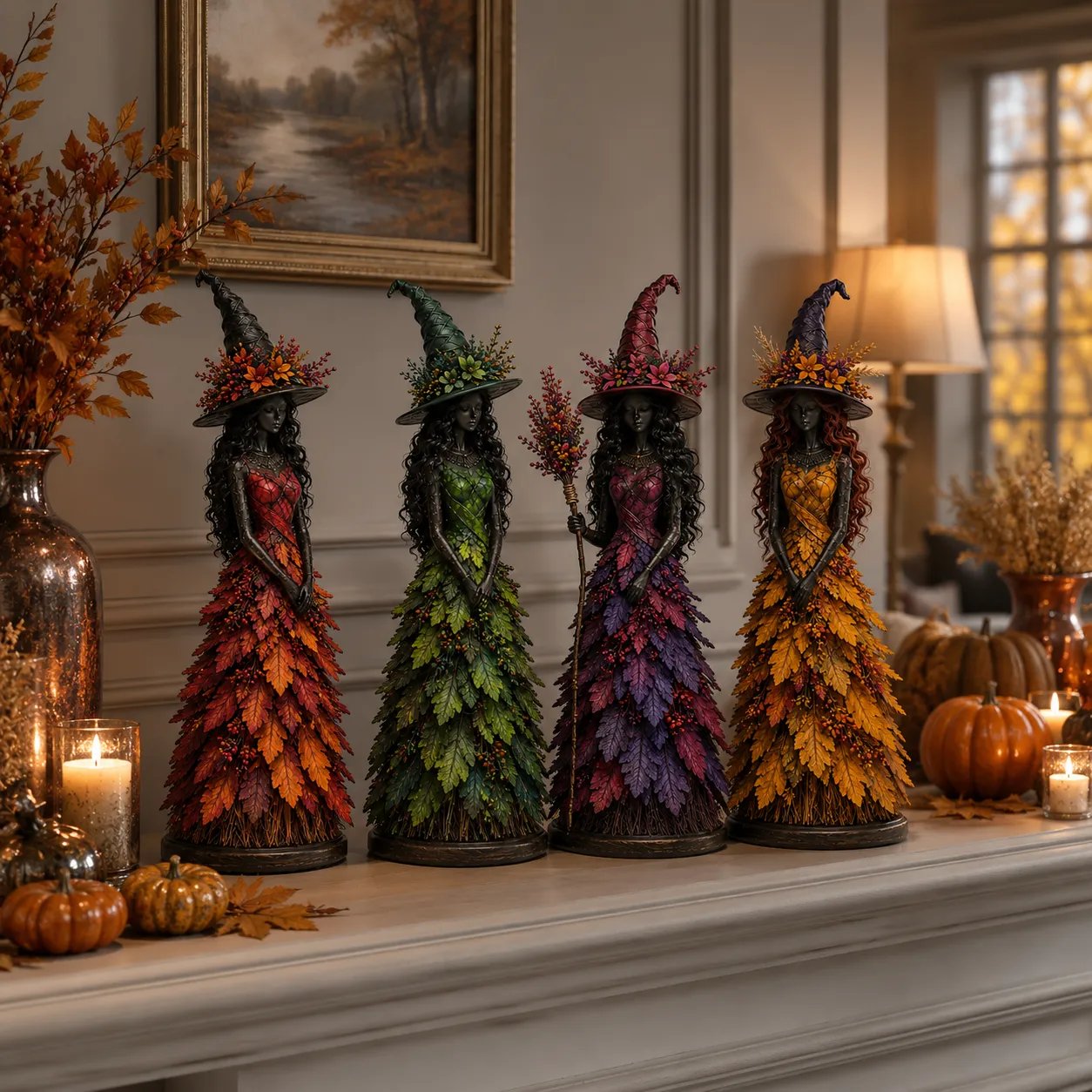 🧙 Enchanted Autumn Witch Figurine – Halloween Leaf Dress Tabletop Ornament for Mantel, Shelf & Cosy Seasonal Decor