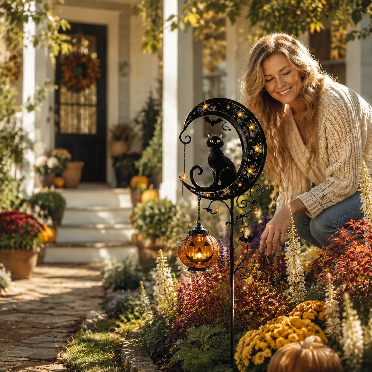 🎃Solar Halloween Black Cat Garden Stake Light – Crescent Moon & Pumpkin Outdoor Yard Decor