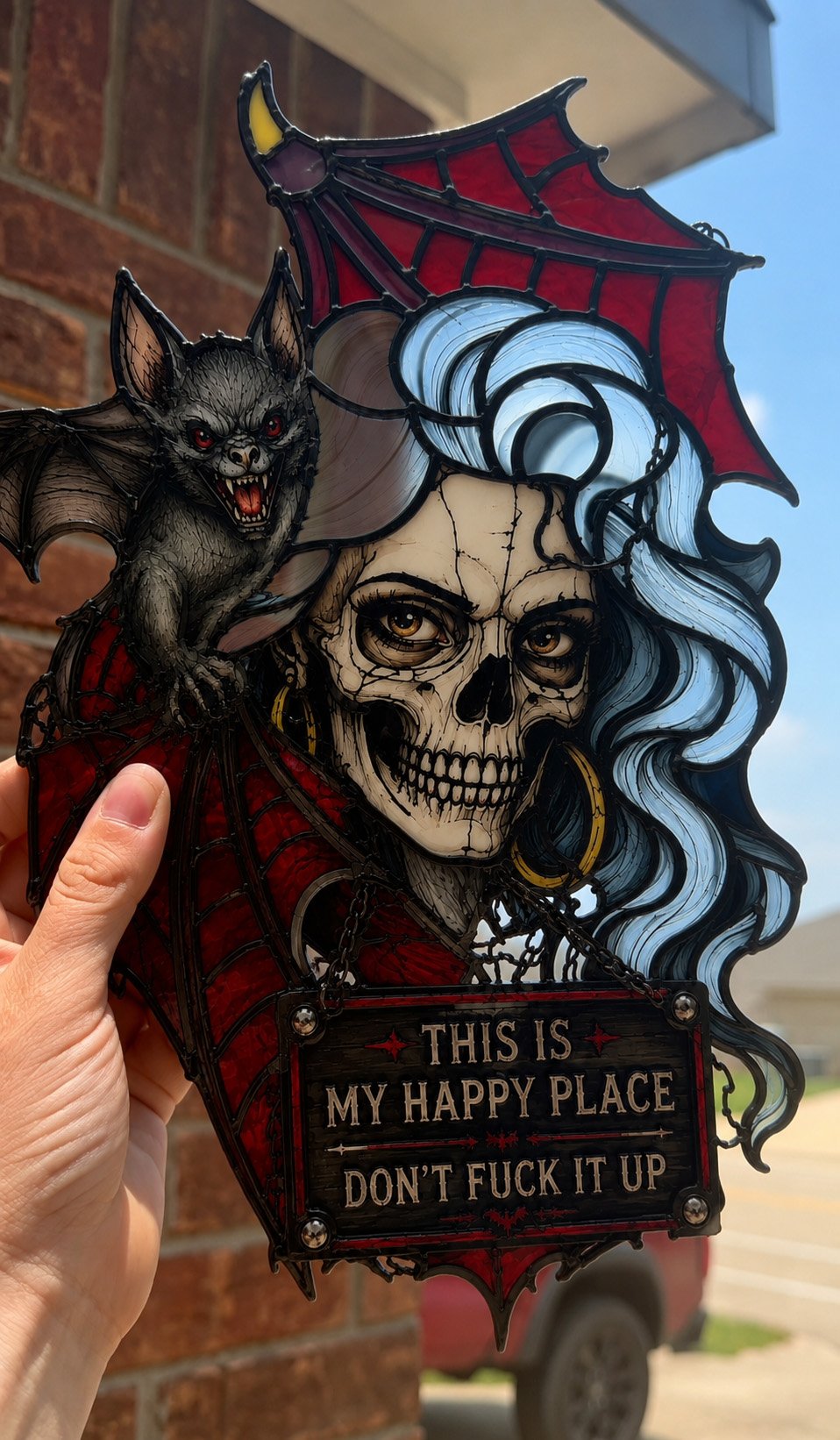 🦇💀Gothic Skull & Bat “My Happy Place” Hanging Art – Dark Humor Wall Decor