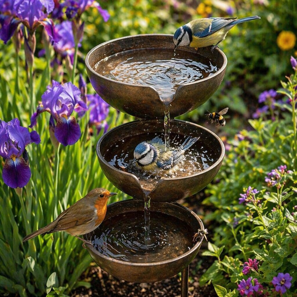 🌿🐦Cascading Rain Catcher Bird Bath – Garden Wildlife Water Feature with Stake
