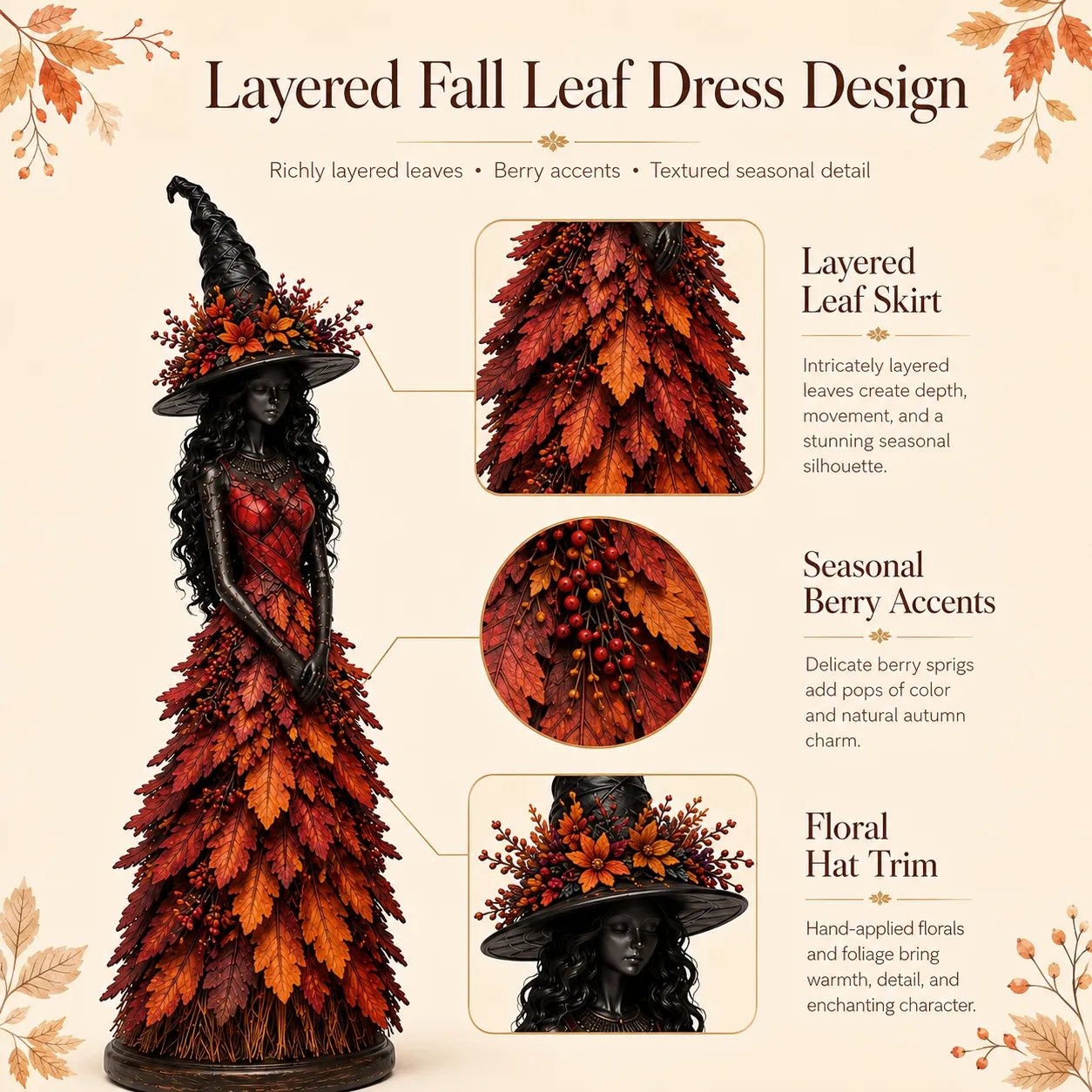 🧙 Enchanted Autumn Witch Figurine – Halloween Leaf Dress Tabletop Ornament for Mantel, Shelf & Cosy Seasonal Decor
