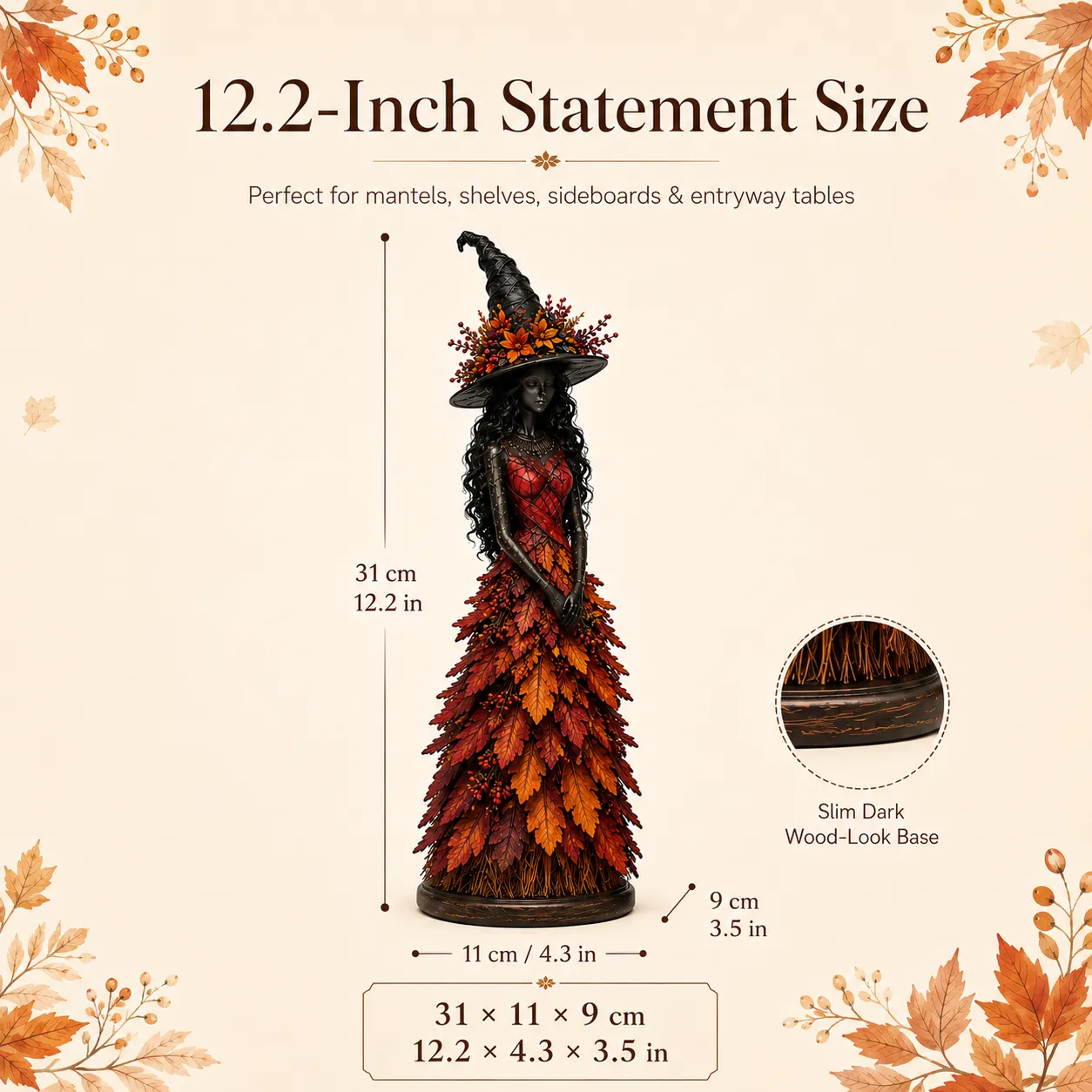 🧙 Enchanted Autumn Witch Figurine – Halloween Leaf Dress Tabletop Ornament for Mantel, Shelf & Cosy Seasonal Decor