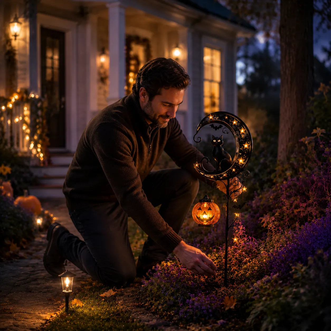 🎃Solar Halloween Black Cat Garden Stake Light – Crescent Moon & Pumpkin Outdoor Yard Decor