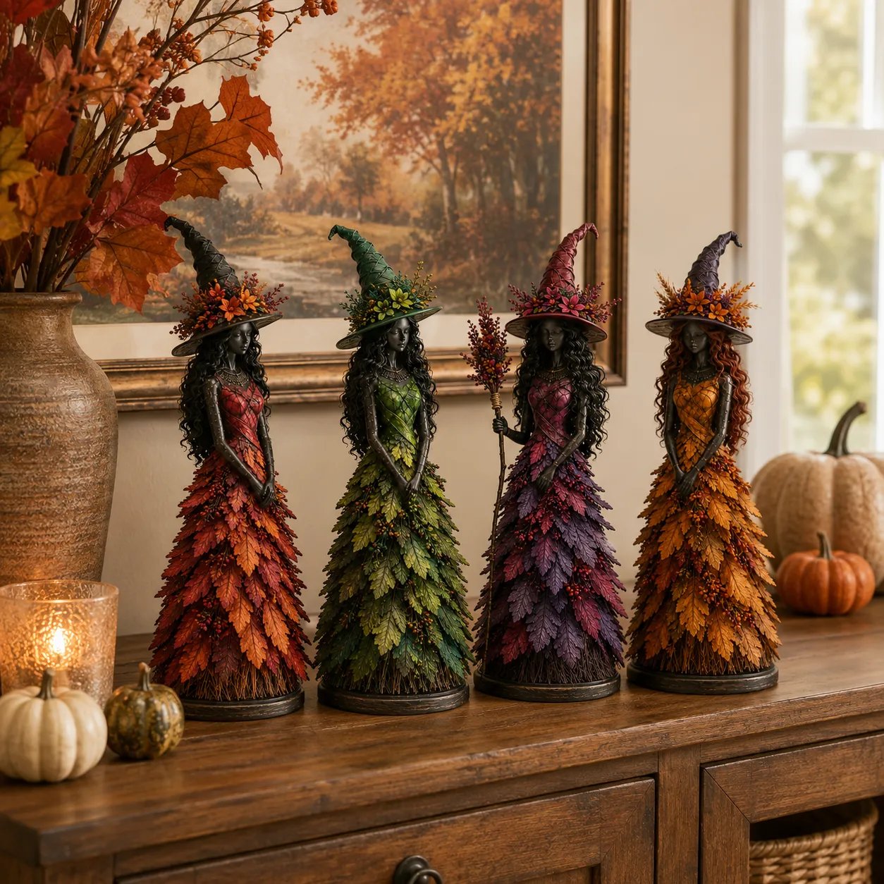 🧙 Enchanted Autumn Witch Figurine – Halloween Leaf Dress Tabletop Ornament for Mantel, Shelf & Cosy Seasonal Decor