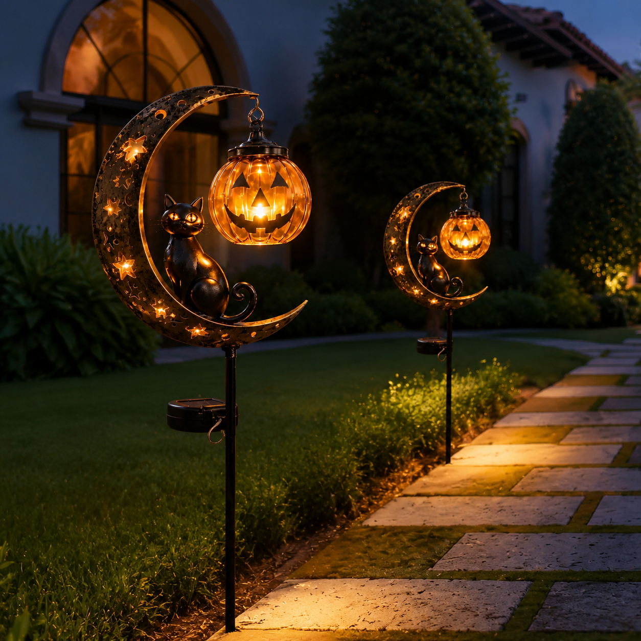 Solar Halloween Black Cat & Pumpkin Moon Garden Stake Light – Outdoor Pathway Yard Decor