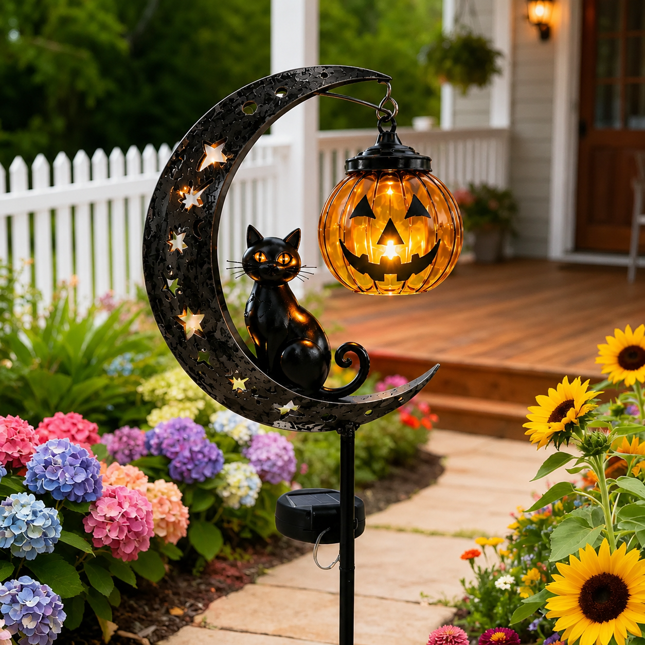 Solar Halloween Black Cat & Pumpkin Moon Garden Stake Light – Outdoor Pathway Yard Decor