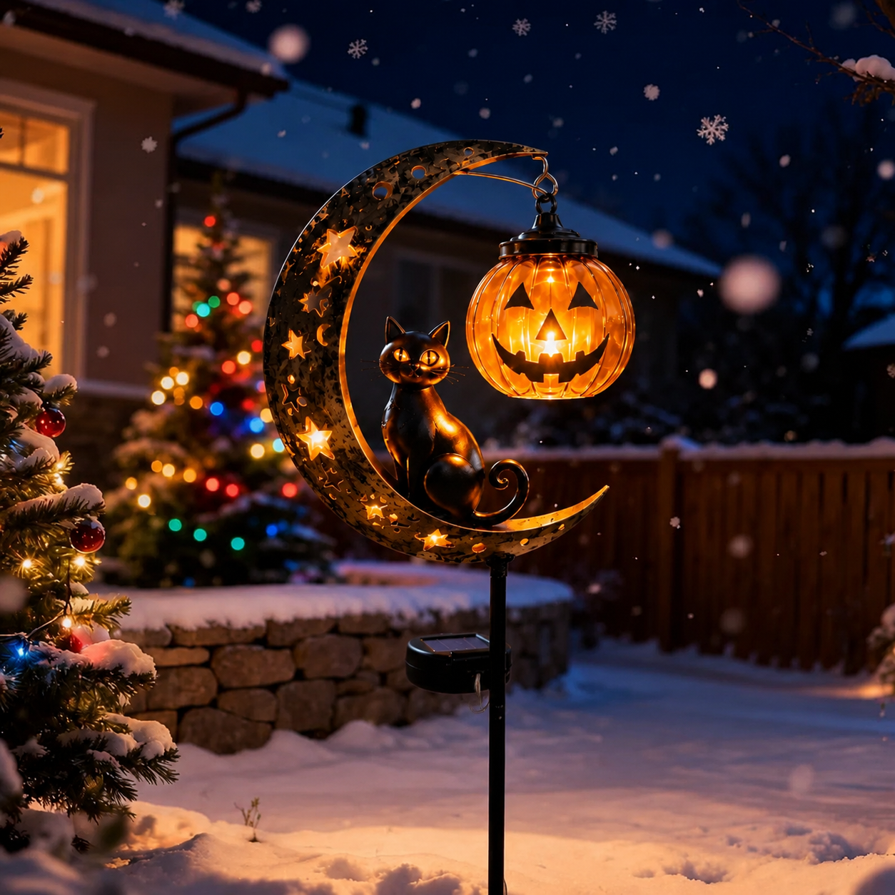 Solar Halloween Black Cat & Pumpkin Moon Garden Stake Light – Outdoor Pathway Yard Decor