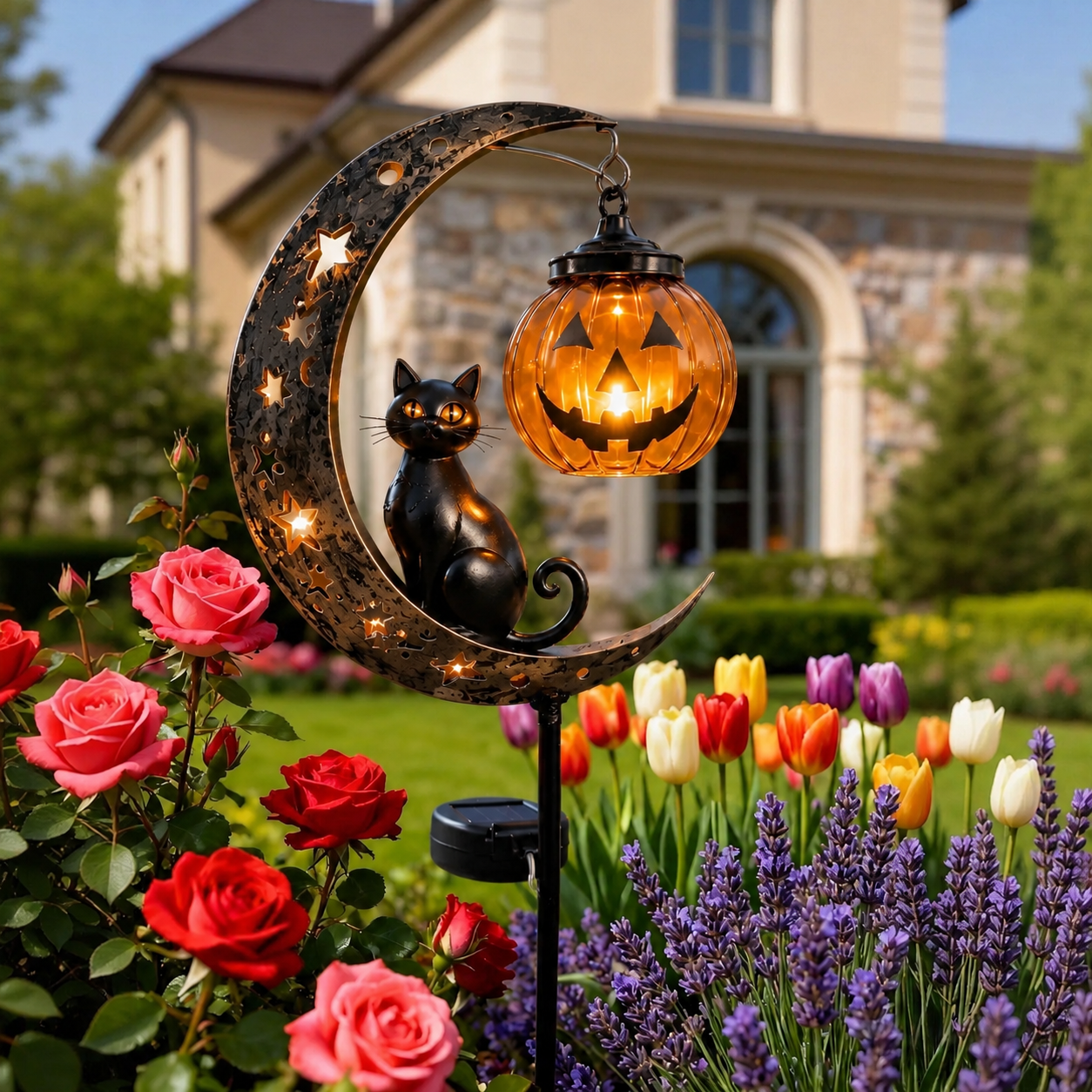 Solar Halloween Black Cat & Pumpkin Moon Garden Stake Light – Outdoor Pathway Yard Decor