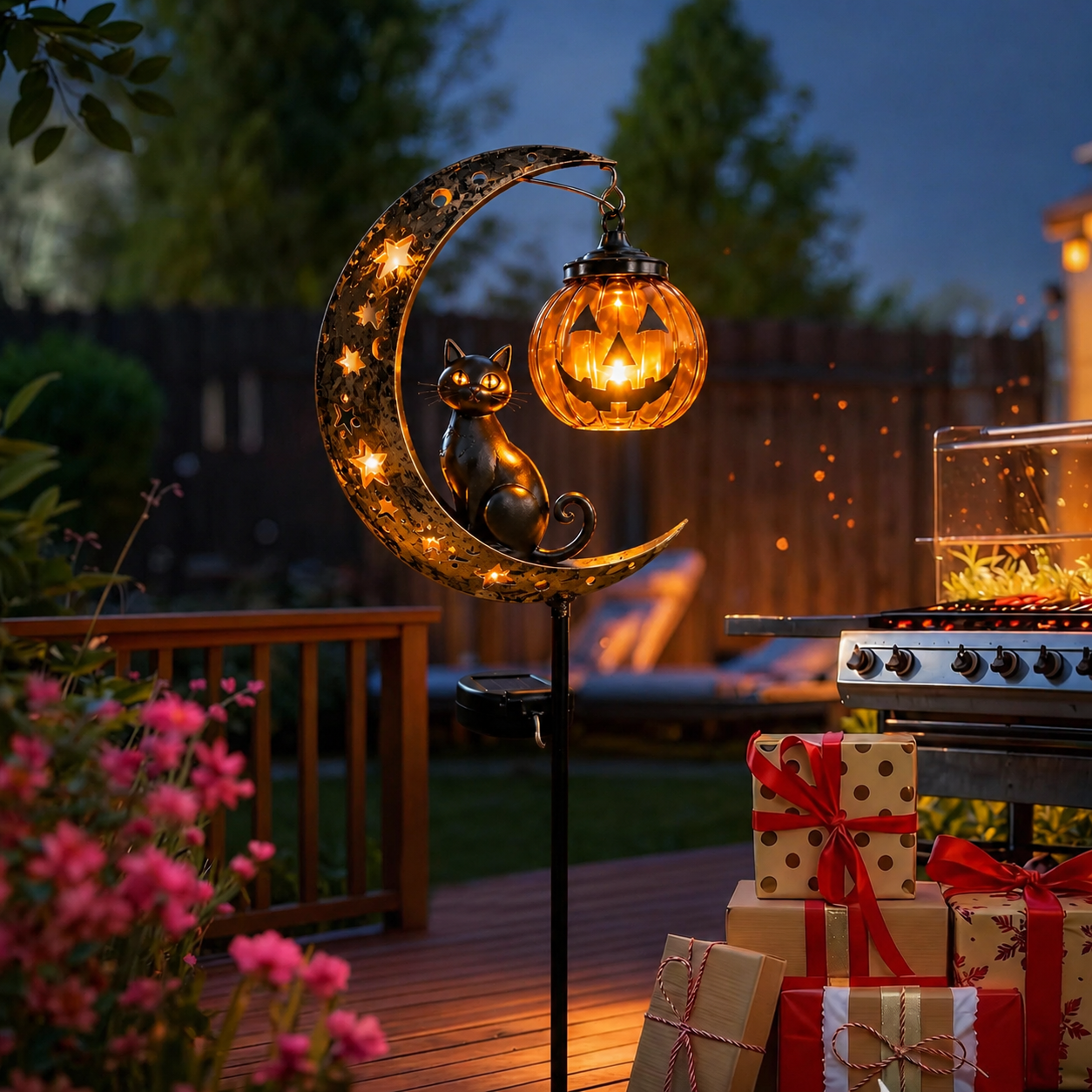 Solar Halloween Black Cat & Pumpkin Moon Garden Stake Light – Outdoor Pathway Yard Decor