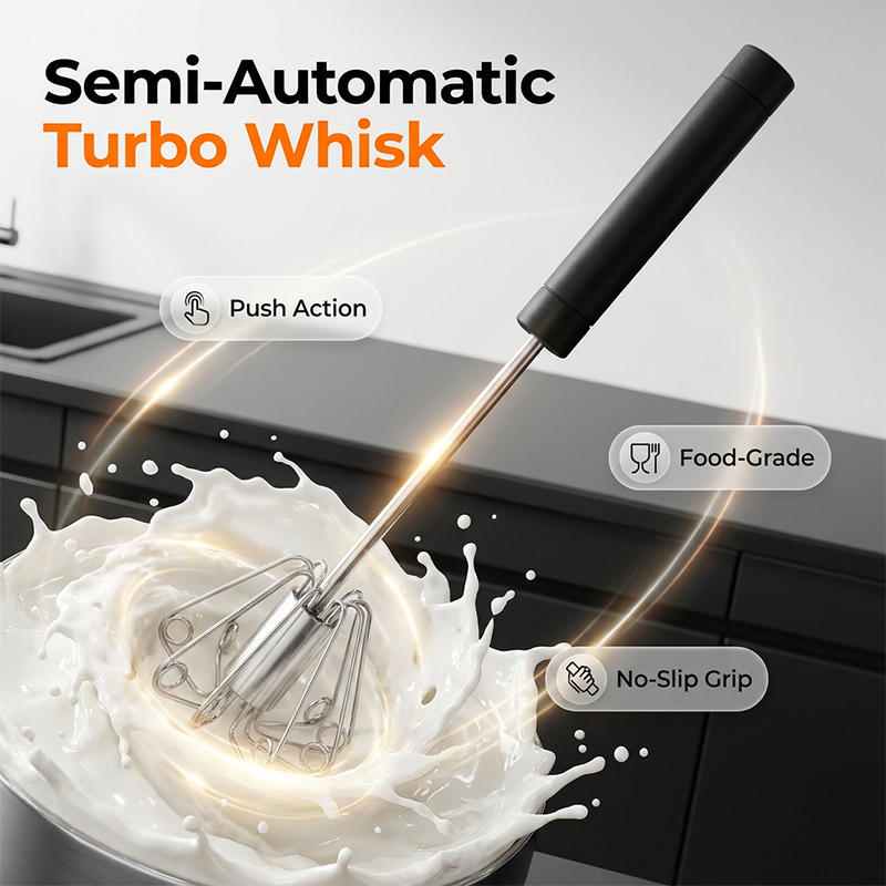 Semi-Automatic Manual Turbo Whisk – Press-to-Spin Egg Beater for Eggs, Sauces & Milk Foam