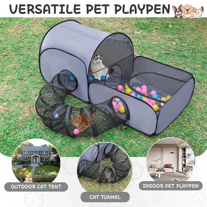 Cat Play Tent with Tunnel – Breathable Mesh Pet Playpen for Indoor Cats, Kittens, Resting & Interactive Play