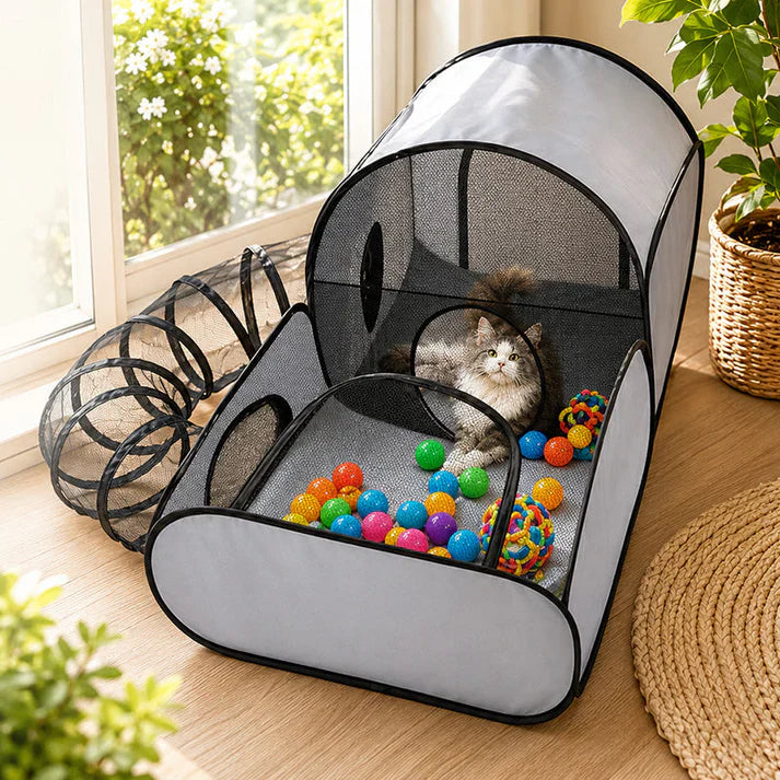 Cat Play Tent with Tunnel – Breathable Mesh Pet Playpen for Indoor Cats, Kittens, Resting & Interactive Play
