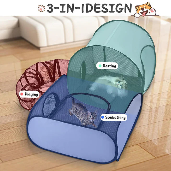 Cat Play Tent with Tunnel – Breathable Mesh Pet Playpen for Indoor Cats, Kittens, Resting & Interactive Play