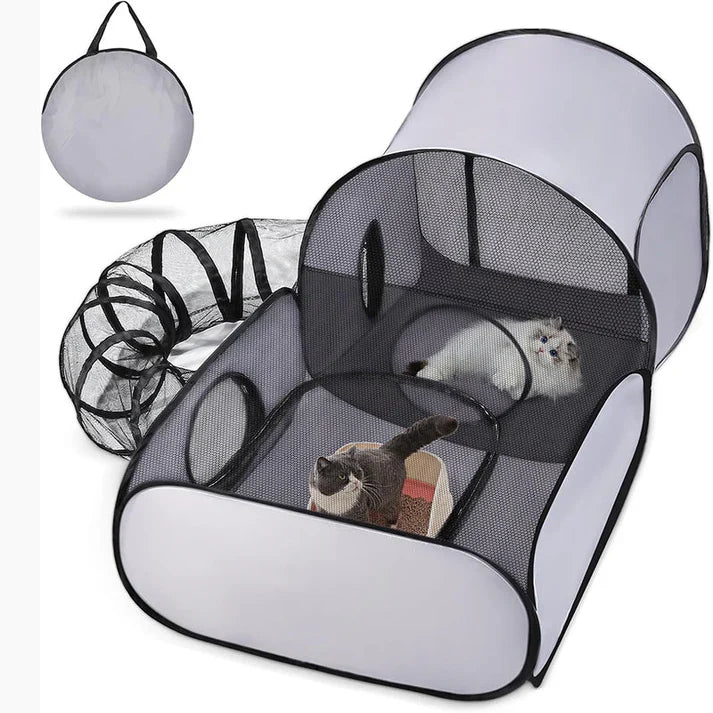 Cat Play Tent with Tunnel – Breathable Mesh Pet Playpen for Indoor Cats, Kittens, Resting & Interactive Play