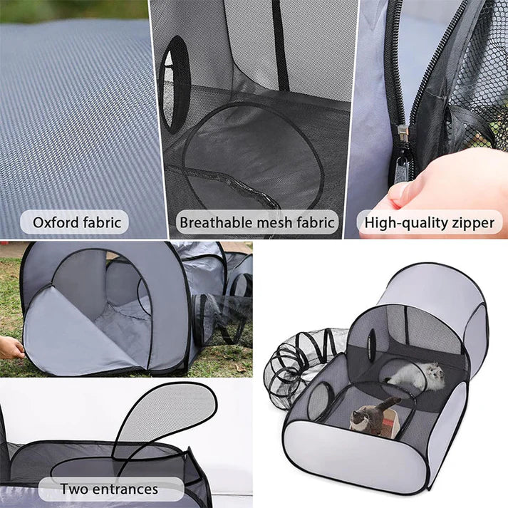 Cat Play Tent with Tunnel – Breathable Mesh Pet Playpen for Indoor Cats, Kittens, Resting & Interactive Play